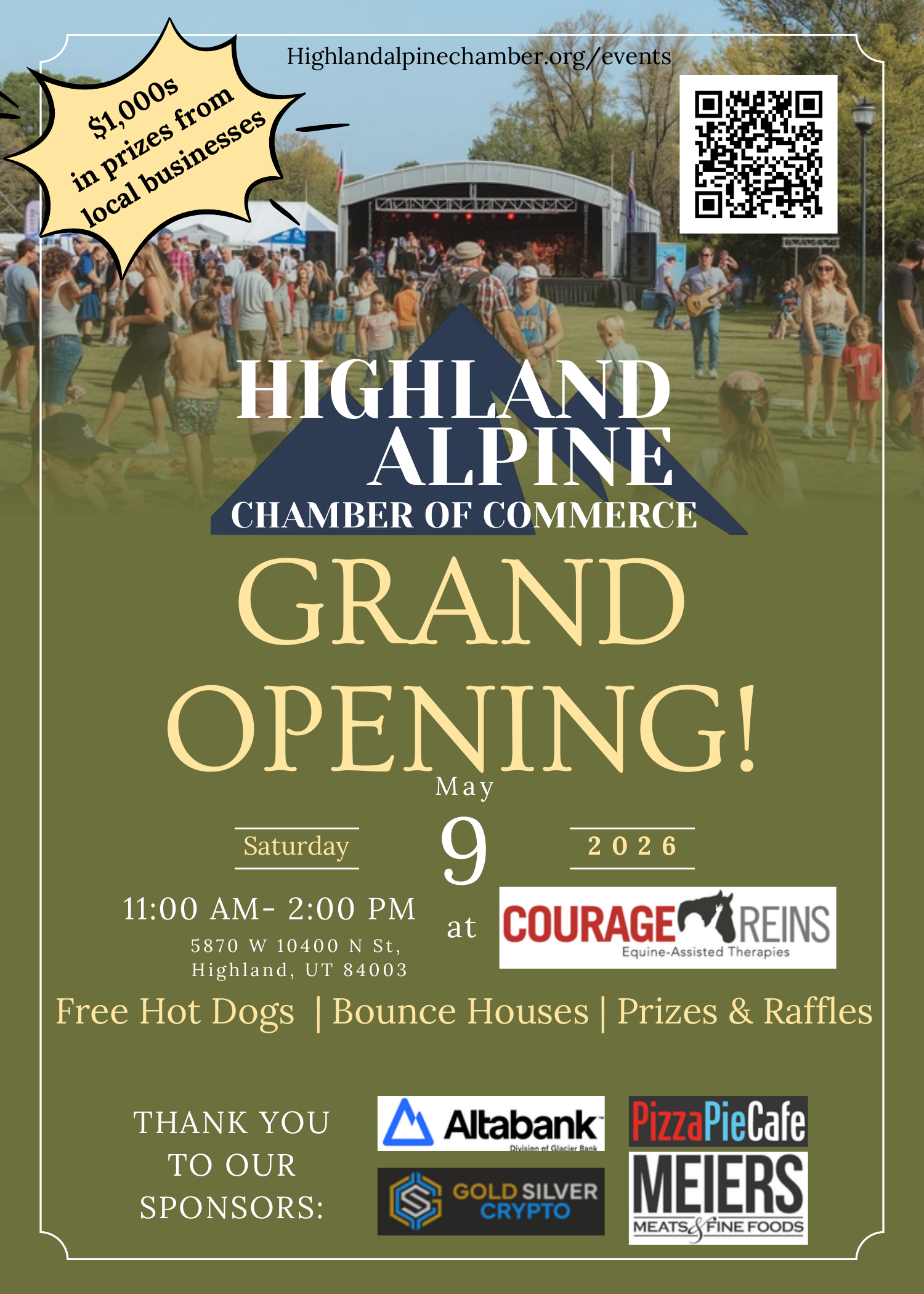 Grand Opening flyer — Saturday May 9 2026, 11 AM to 2 PM at Courage Reins in Highland, Utah. Free hot dogs, bounce houses, prizes and raffles.